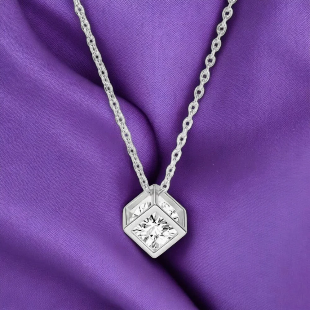 1 CT Moissanite Pendant Cube Necklace Anniversary Birthday Jewelry Gift - Picture 4 of 9